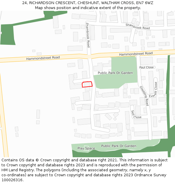 24, RICHARDSON CRESCENT, CHESHUNT, WALTHAM CROSS, EN7 6WZ: Location map and indicative extent of plot