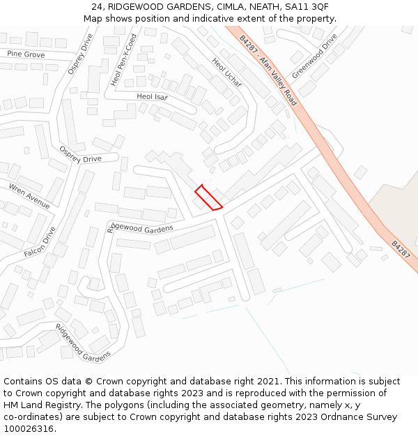 24, RIDGEWOOD GARDENS, CIMLA, NEATH, SA11 3QF: Location map and indicative extent of plot