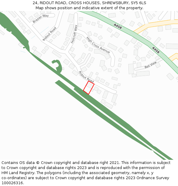 24, RIDOUT ROAD, CROSS HOUSES, SHREWSBURY, SY5 6LS: Location map and indicative extent of plot