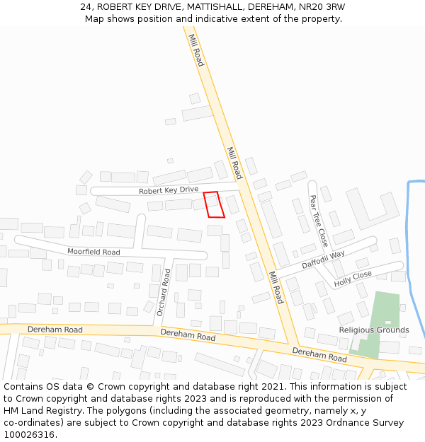24, ROBERT KEY DRIVE, MATTISHALL, DEREHAM, NR20 3RW: Location map and indicative extent of plot
