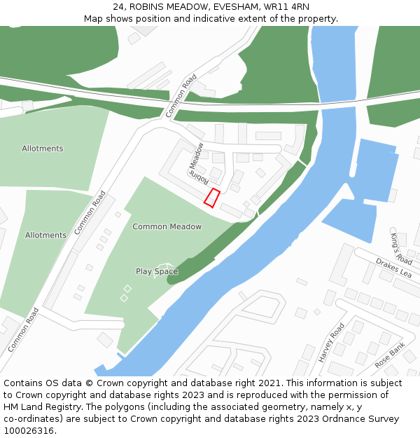 24, ROBINS MEADOW, EVESHAM, WR11 4RN: Location map and indicative extent of plot