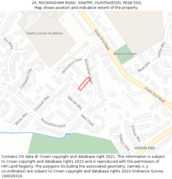 24, ROCKINGHAM ROAD, SAWTRY, HUNTINGDON, PE28 5SQ: Location map and indicative extent of plot