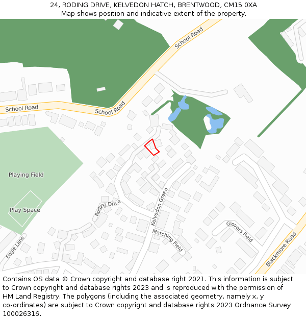 24, RODING DRIVE, KELVEDON HATCH, BRENTWOOD, CM15 0XA: Location map and indicative extent of plot