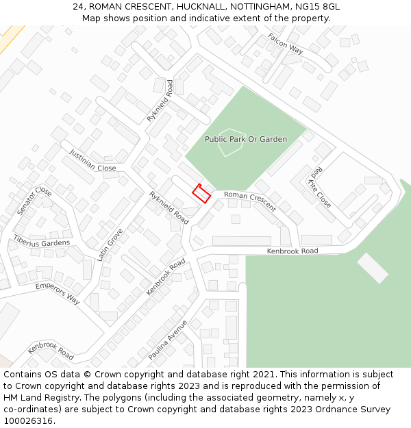24, ROMAN CRESCENT, HUCKNALL, NOTTINGHAM, NG15 8GL: Location map and indicative extent of plot