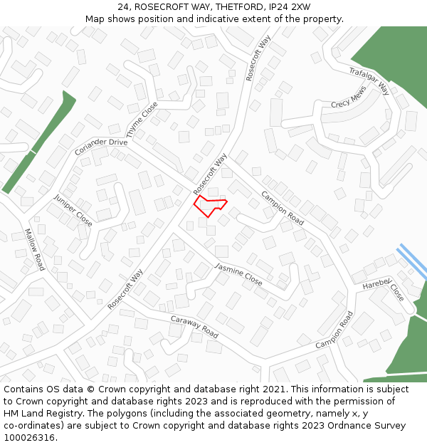 24, ROSECROFT WAY, THETFORD, IP24 2XW: Location map and indicative extent of plot