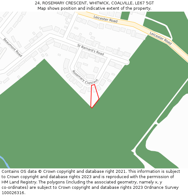 24, ROSEMARY CRESCENT, WHITWICK, COALVILLE, LE67 5GT: Location map and indicative extent of plot