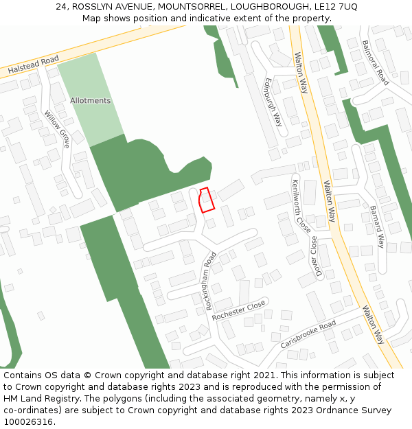 24, ROSSLYN AVENUE, MOUNTSORREL, LOUGHBOROUGH, LE12 7UQ: Location map and indicative extent of plot