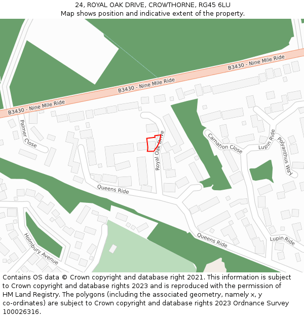 24, ROYAL OAK DRIVE, CROWTHORNE, RG45 6LU: Location map and indicative extent of plot