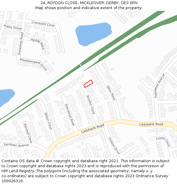 24, ROYDON CLOSE, MICKLEOVER, DERBY, DE3 0PN: Location map and indicative extent of plot
