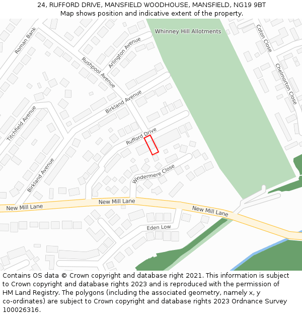 24, RUFFORD DRIVE, MANSFIELD WOODHOUSE, MANSFIELD, NG19 9BT: Location map and indicative extent of plot