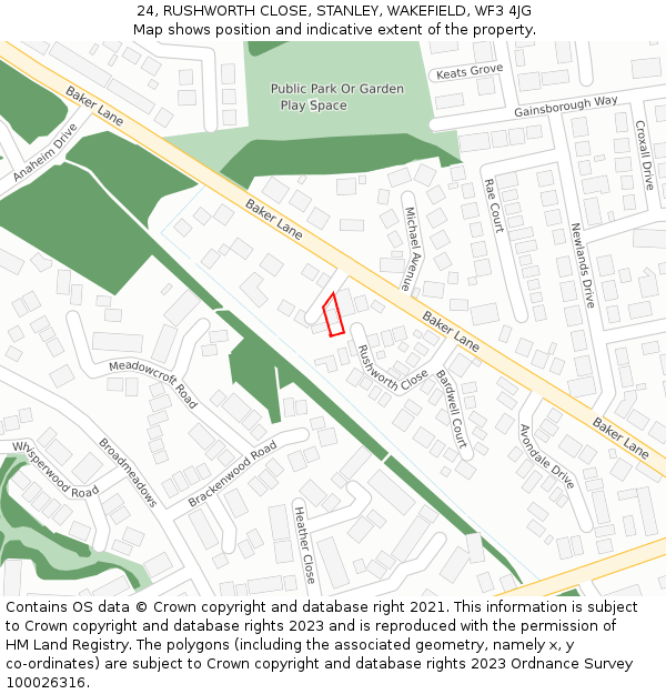 24, RUSHWORTH CLOSE, STANLEY, WAKEFIELD, WF3 4JG: Location map and indicative extent of plot