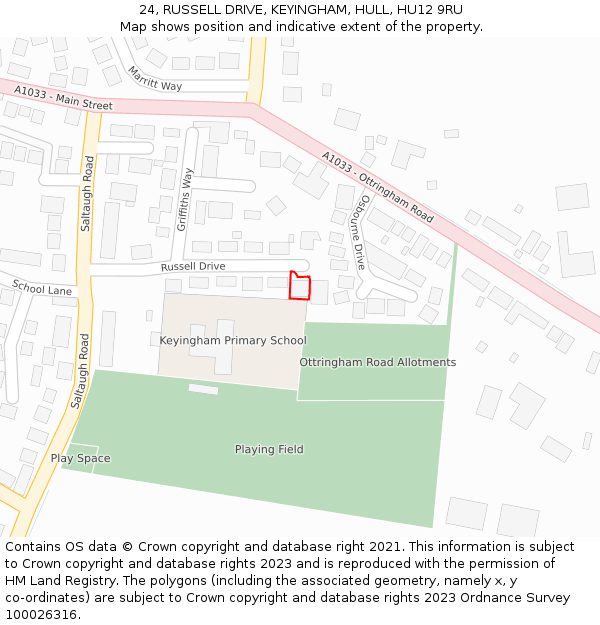 24, RUSSELL DRIVE, KEYINGHAM, HULL, HU12 9RU: Location map and indicative extent of plot