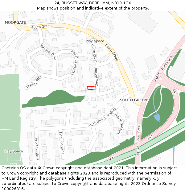 24, RUSSET WAY, DEREHAM, NR19 1GX: Location map and indicative extent of plot