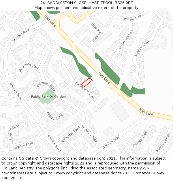 24, SADDLESTON CLOSE, HARTLEPOOL, TS26 0EZ: Location map and indicative extent of plot