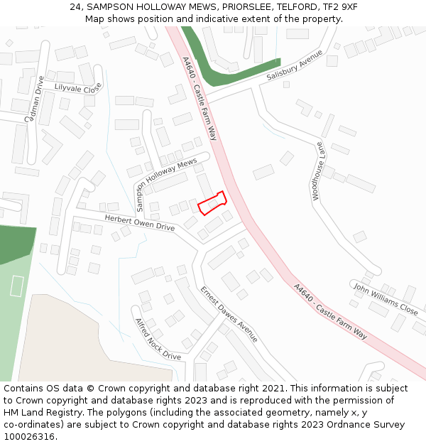 24, SAMPSON HOLLOWAY MEWS, PRIORSLEE, TELFORD, TF2 9XF: Location map and indicative extent of plot