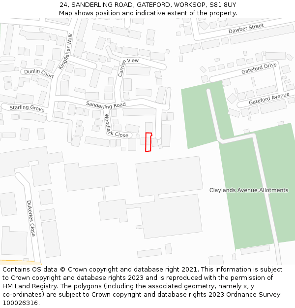 24, SANDERLING ROAD, GATEFORD, WORKSOP, S81 8UY: Location map and indicative extent of plot