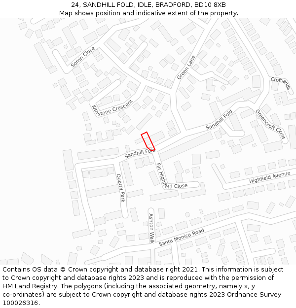 24, SANDHILL FOLD, IDLE, BRADFORD, BD10 8XB: Location map and indicative extent of plot