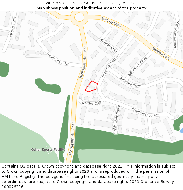 24, SANDHILLS CRESCENT, SOLIHULL, B91 3UE: Location map and indicative extent of plot