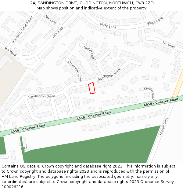 24, SANDINGTON DRIVE, CUDDINGTON, NORTHWICH, CW8 2ZD: Location map and indicative extent of plot