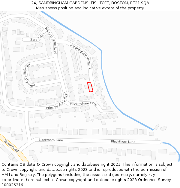 24, SANDRINGHAM GARDENS, FISHTOFT, BOSTON, PE21 9QA: Location map and indicative extent of plot