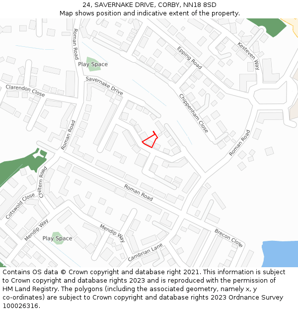 24, SAVERNAKE DRIVE, CORBY, NN18 8SD: Location map and indicative extent of plot