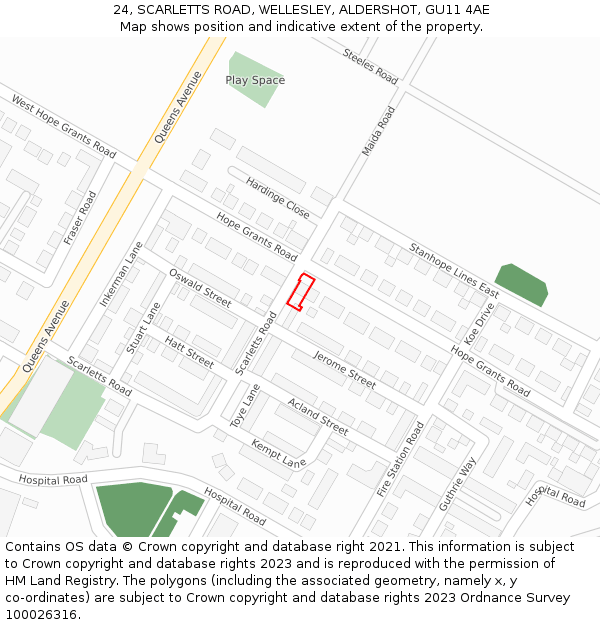 24, SCARLETTS ROAD, WELLESLEY, ALDERSHOT, GU11 4AE: Location map and indicative extent of plot