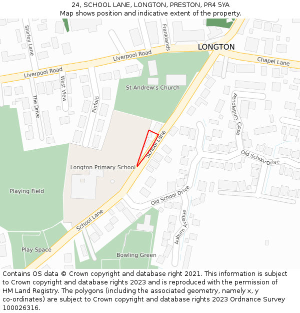 24, SCHOOL LANE, LONGTON, PRESTON, PR4 5YA: Location map and indicative extent of plot