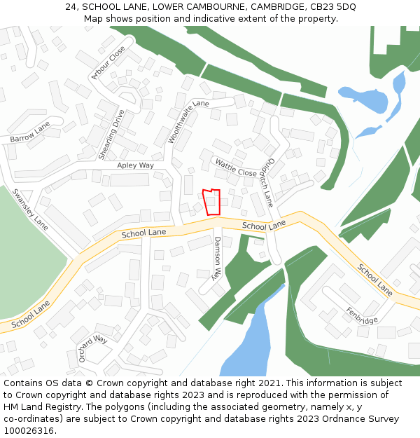 24, SCHOOL LANE, LOWER CAMBOURNE, CAMBRIDGE, CB23 5DQ: Location map and indicative extent of plot