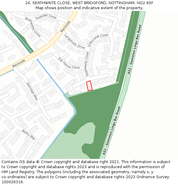 24, SEATHWAITE CLOSE, WEST BRIDGFORD, NOTTINGHAM, NG2 6SF: Location map and indicative extent of plot