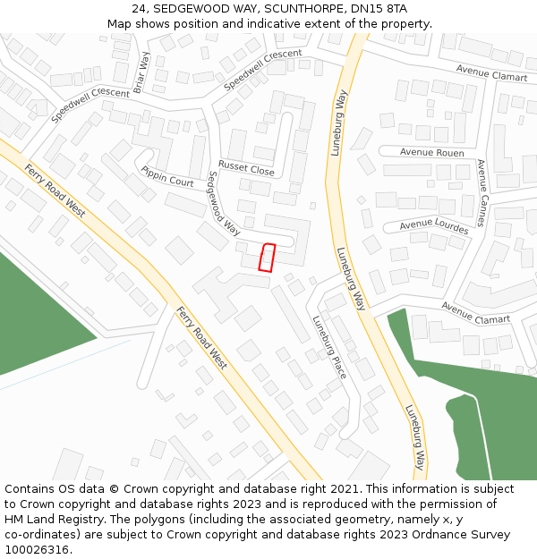 24, SEDGEWOOD WAY, SCUNTHORPE, DN15 8TA: Location map and indicative extent of plot