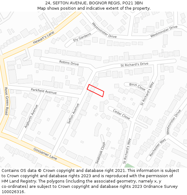 24, SEFTON AVENUE, BOGNOR REGIS, PO21 3BN: Location map and indicative extent of plot