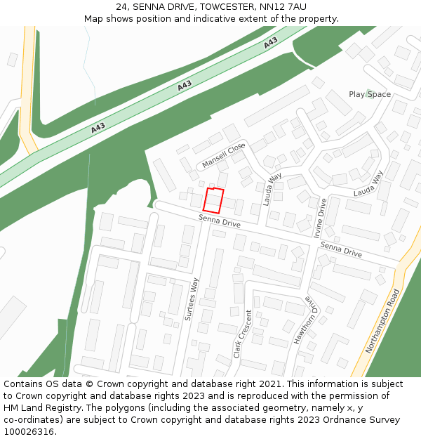 24, SENNA DRIVE, TOWCESTER, NN12 7AU: Location map and indicative extent of plot