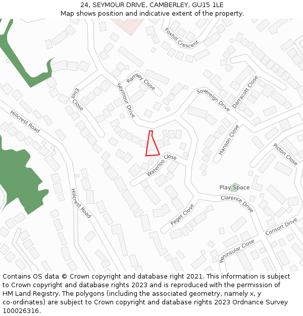 24, SEYMOUR DRIVE, CAMBERLEY, GU15 1LE: Location map and indicative extent of plot