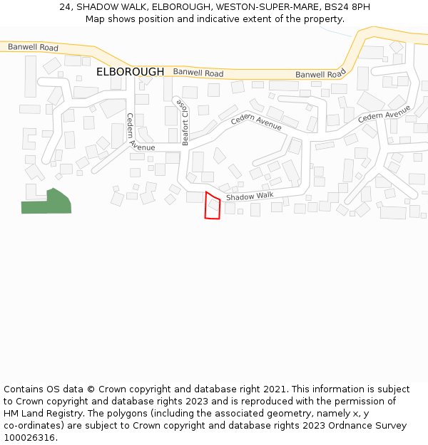 24, SHADOW WALK, ELBOROUGH, WESTON-SUPER-MARE, BS24 8PH: Location map and indicative extent of plot