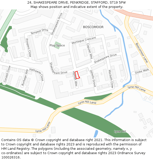 24, SHAKESPEARE DRIVE, PENKRIDGE, STAFFORD, ST19 5PW: Location map and indicative extent of plot