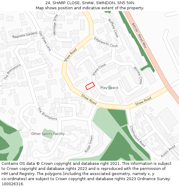 24, SHARP CLOSE, SHAW, SWINDON, SN5 5XN: Location map and indicative extent of plot