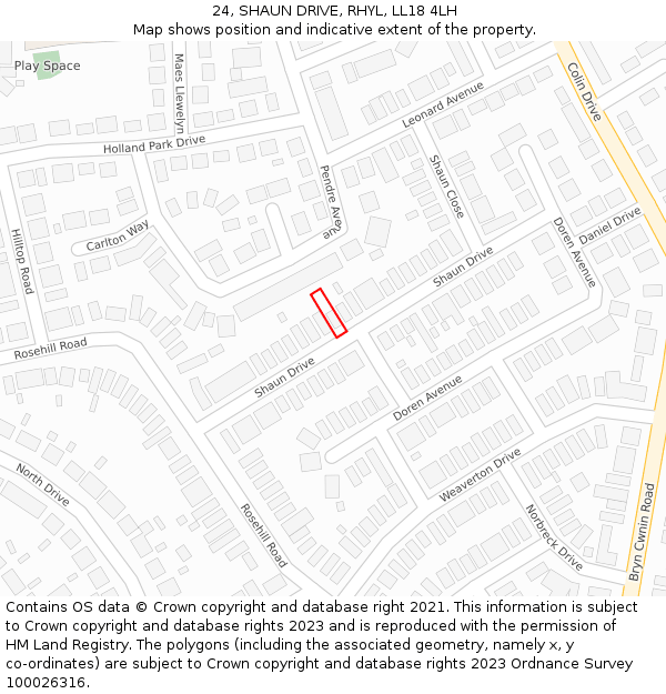 24, SHAUN DRIVE, RHYL, LL18 4LH: Location map and indicative extent of plot