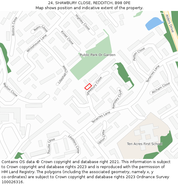 24, SHAWBURY CLOSE, REDDITCH, B98 0PE: Location map and indicative extent of plot