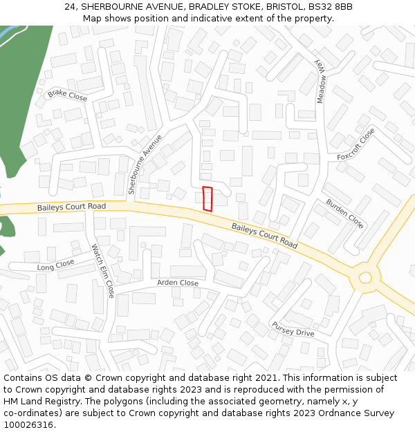 24, SHERBOURNE AVENUE, BRADLEY STOKE, BRISTOL, BS32 8BB: Location map and indicative extent of plot