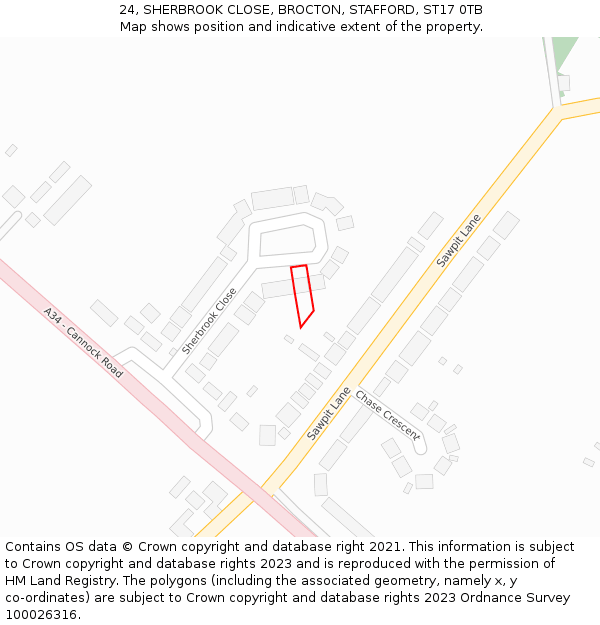 24, SHERBROOK CLOSE, BROCTON, STAFFORD, ST17 0TB: Location map and indicative extent of plot
