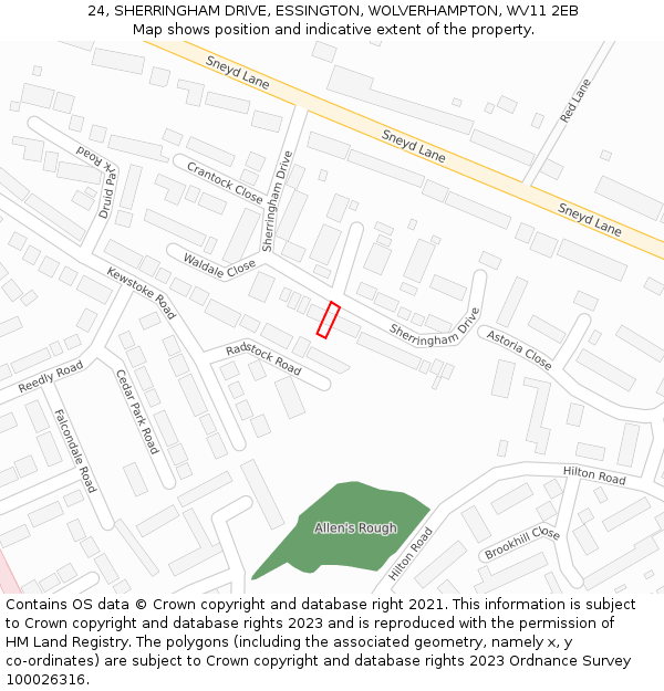 24, SHERRINGHAM DRIVE, ESSINGTON, WOLVERHAMPTON, WV11 2EB: Location map and indicative extent of plot