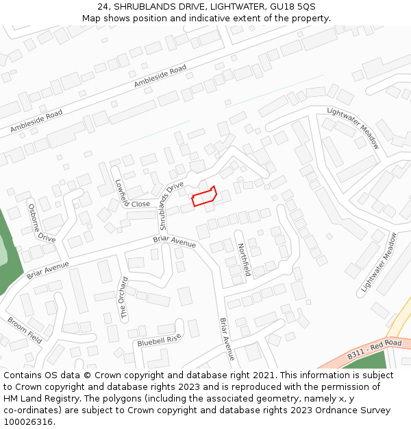 24, SHRUBLANDS DRIVE, LIGHTWATER, GU18 5QS: Location map and indicative extent of plot