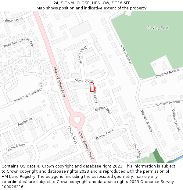 24, SIGNAL CLOSE, HENLOW, SG16 6FF: Location map and indicative extent of plot