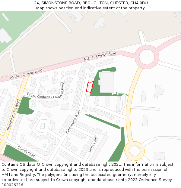 24, SIMONSTONE ROAD, BROUGHTON, CHESTER, CH4 0BU: Location map and indicative extent of plot