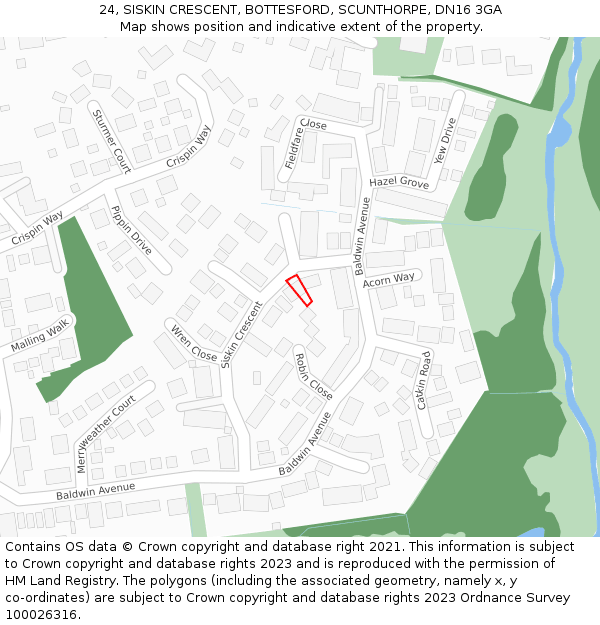 24, SISKIN CRESCENT, BOTTESFORD, SCUNTHORPE, DN16 3GA: Location map and indicative extent of plot