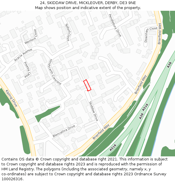 24, SKIDDAW DRIVE, MICKLEOVER, DERBY, DE3 9NE: Location map and indicative extent of plot