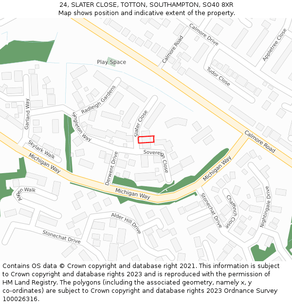 24, SLATER CLOSE, TOTTON, SOUTHAMPTON, SO40 8XR: Location map and indicative extent of plot