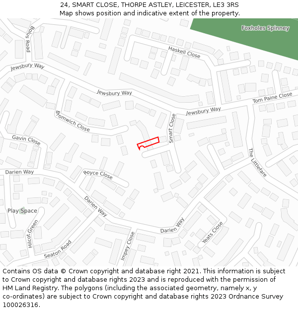 24, SMART CLOSE, THORPE ASTLEY, LEICESTER, LE3 3RS: Location map and indicative extent of plot