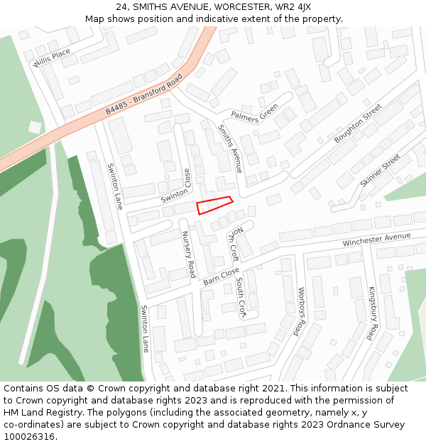 24, SMITHS AVENUE, WORCESTER, WR2 4JX: Location map and indicative extent of plot