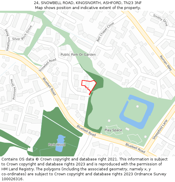 24, SNOWBELL ROAD, KINGSNORTH, ASHFORD, TN23 3NF: Location map and indicative extent of plot